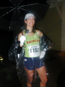 Heading out in the rain to the start of the 2009 Napa Valley Marathon. I ripped off the poncho at the start and progressively shed the arm warmers, gloves, and hat.